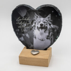 Gedenktegel hartje hond houten houder met tegel en ashouder zilver
