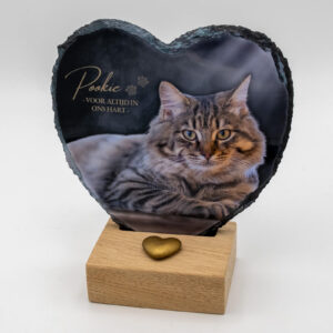 Gedenktegel hartje kat houten houder met tegel en ashouder goud